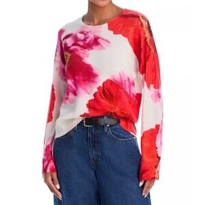 C by Bloomingdales Cashmere Sweater Floral Print‎ Ivory Red Pink Womens L